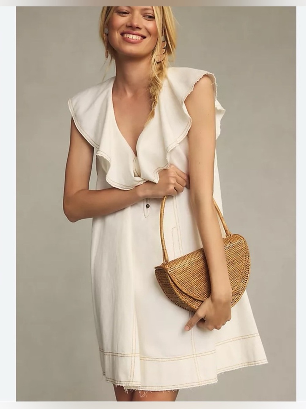 Anthropology Cream Ruffled V-Neck Sleeveless Mini Dress - Picture 2 of 4